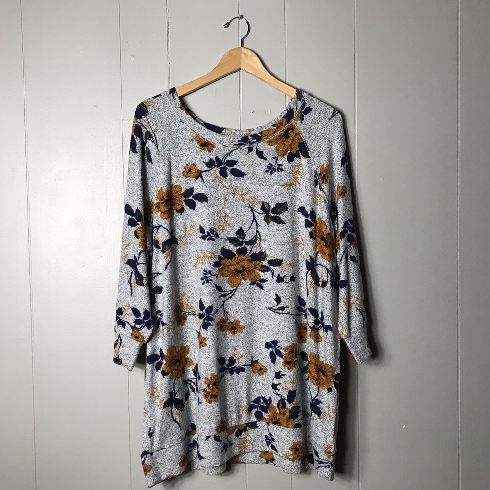 MARKET & SPRUCE GRAY ORANGE FLORAL PAULSEN BRUSHED KNIT TOP WOMENS SIZE 2X NWT